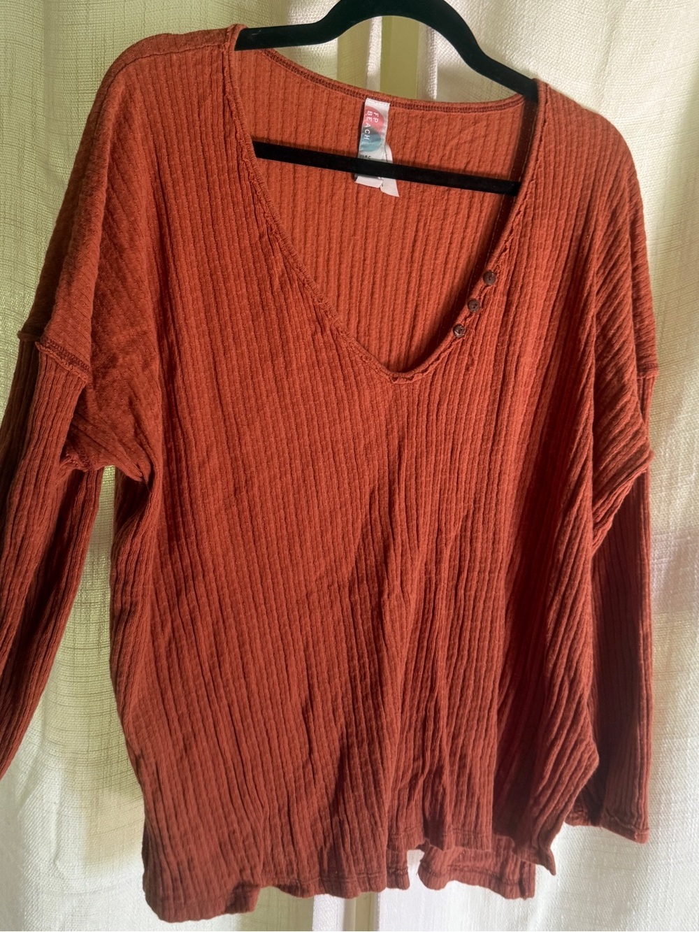 Free People Beach Ribbed V-Neck Long Sleeve Top in Rust Orange
